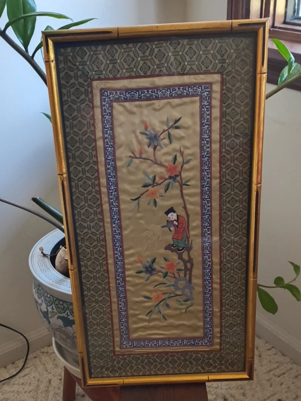 Gold Framed Floral Silk Embroidery Wall Art - Gold Beautiful Pair